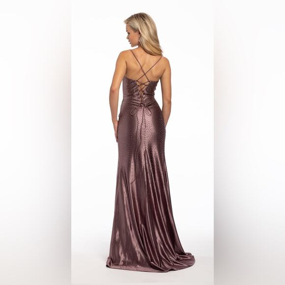 Camille La Vie Purple Mauve Studded Trumpet Formal Dress w/ High Leg Slit - 8 - Picture 2 of 16